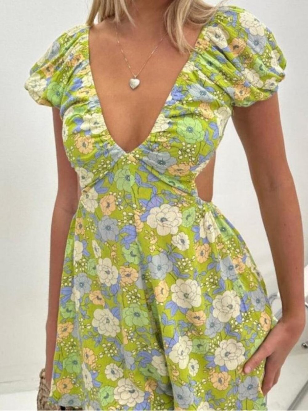 Sky to Moon Sun Radiance green floral cap sleeve romper